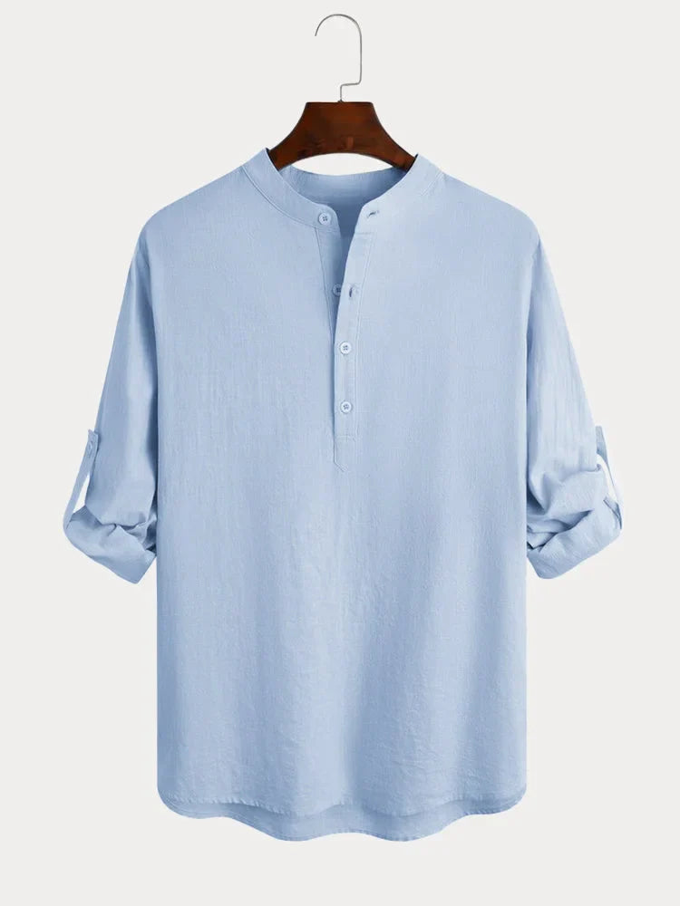 BelleRue - Chemise décontractée à manches longues en lin et coton pour hommes