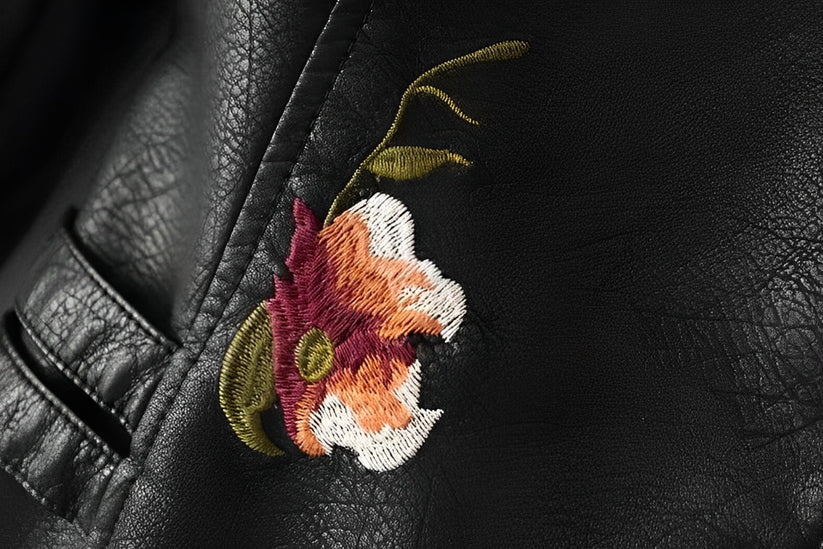 Yvonne - Veste en Cuir Embellie de Broderies Florales