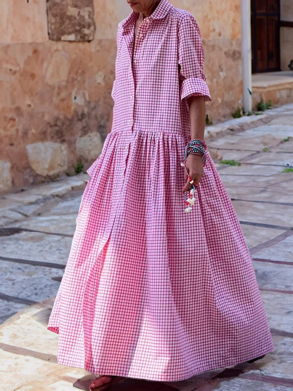 BelleRue - Robe décontractée à manches longues en coton, lin et tissu à carreaux