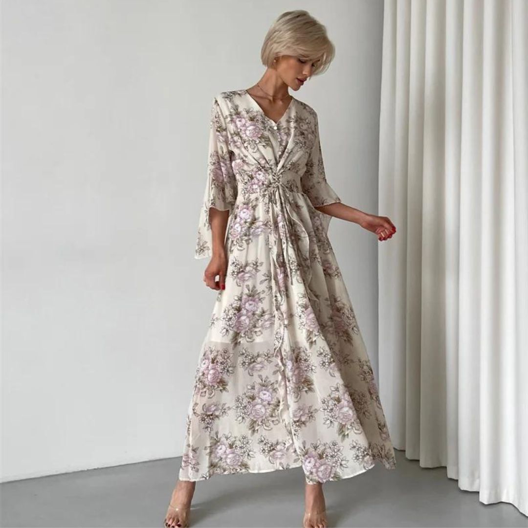 Soleil | Robe Midi avec Silhouette Élégante et Motif Floral pour Femmes