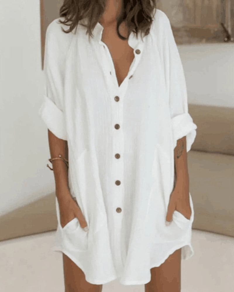 Tuva - Robe chemise unie avec bouton et poche