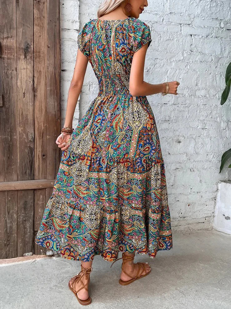 BelleRue - Robe d'été longue colorée à motif cachemire froncé à la taille