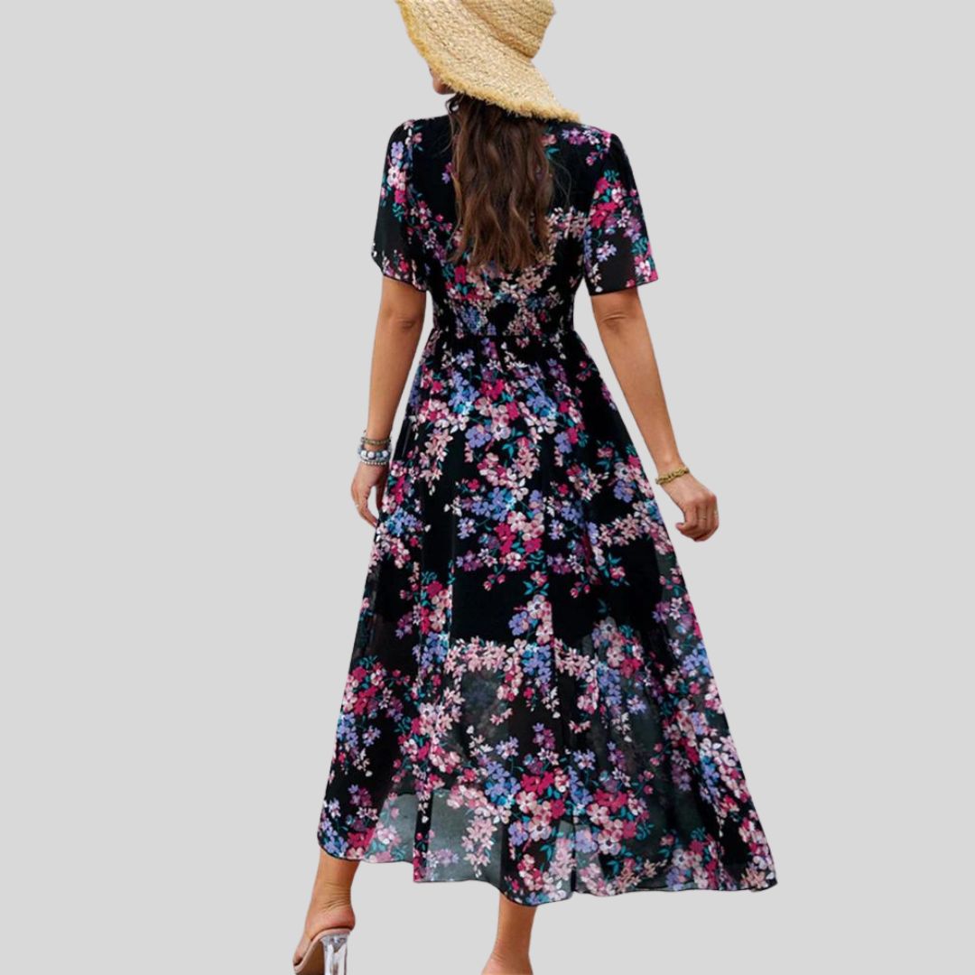 Léonie | Robe Midi avec Motifs Floraux et Manches Courtes pour Femmes