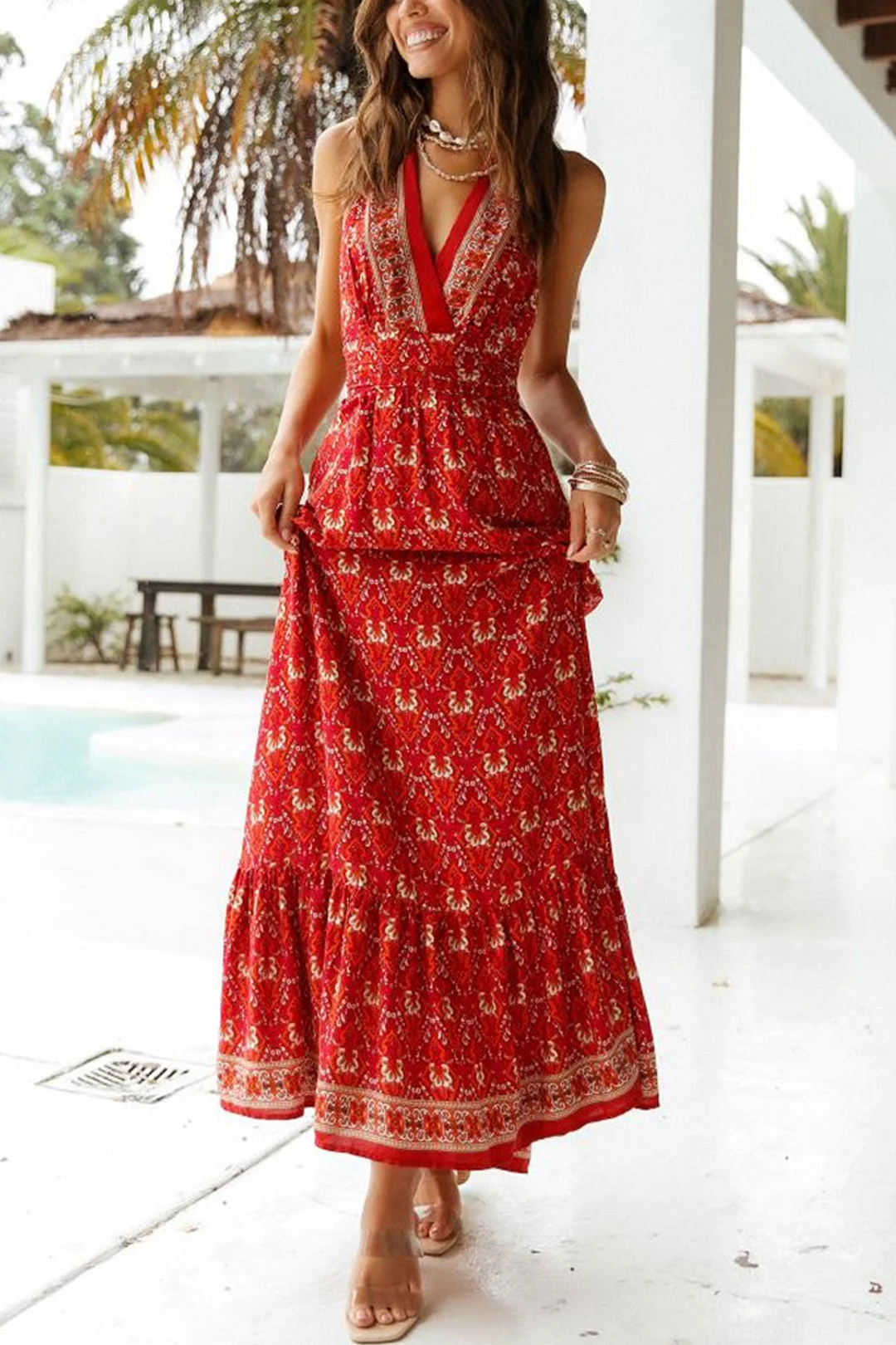 Mia - Robe longue, robe boho, robe d'été, dos nu Maia Dwarf en rose et rouge