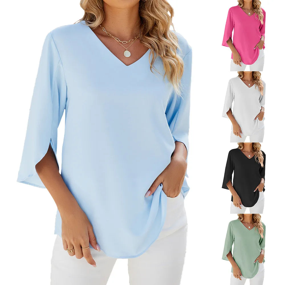 BelleRue - Chemises femme manches courtes tops encolure à revers chemise tunique élégante