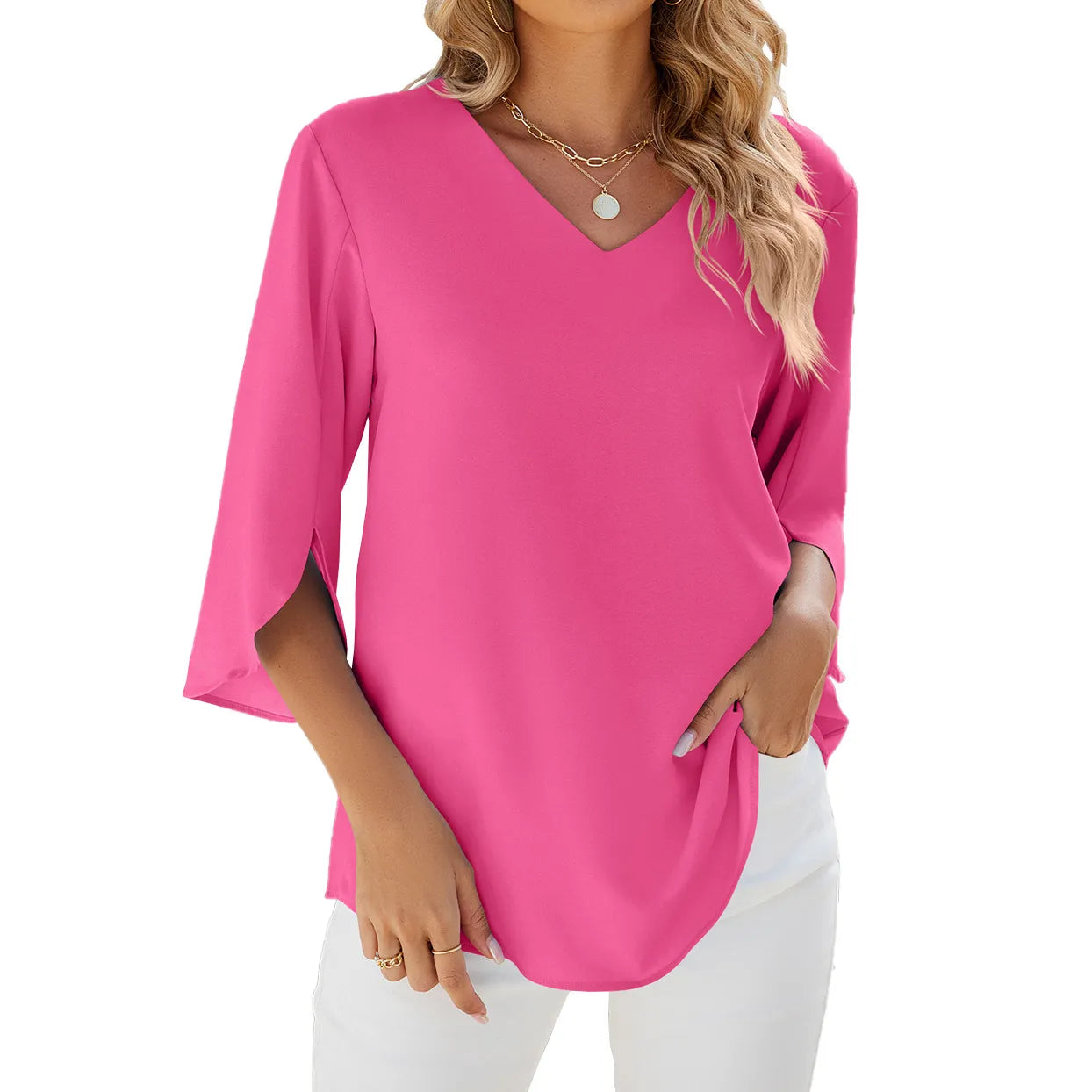 BelleRue - Chemises femme manches courtes tops encolure à revers chemise tunique élégante