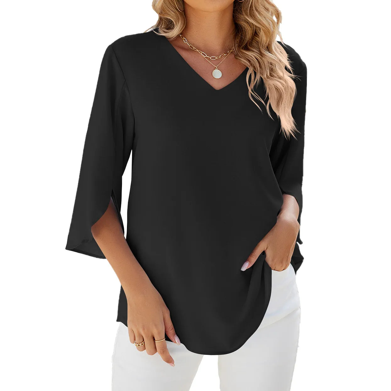 BelleRue - Chemises femme manches courtes tops encolure à revers chemise tunique élégante