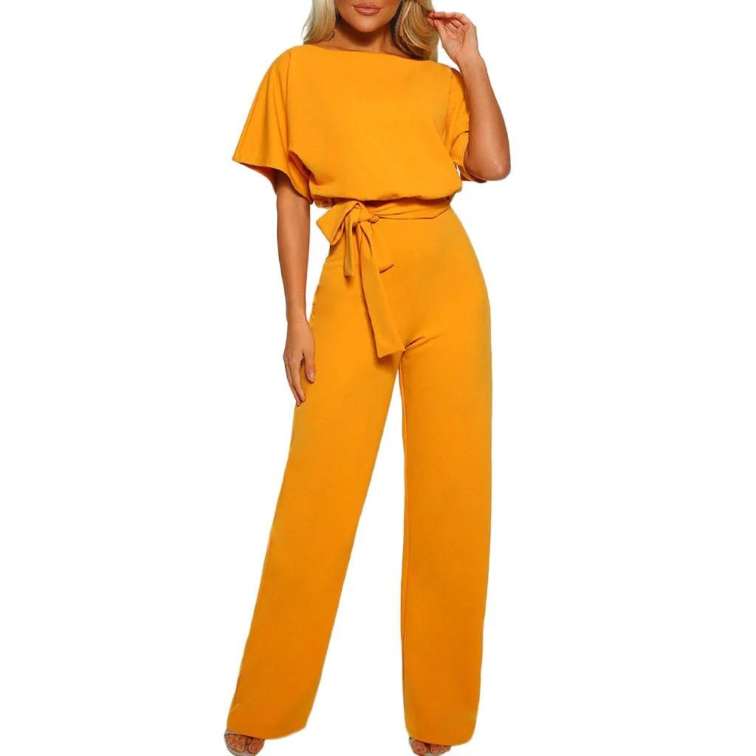 Bellevo | Rompers femme, combinaison à manches courtes, tenue de club, jambes larges et confortables, avec ceinture. Coloris abricot, taille Xxxl