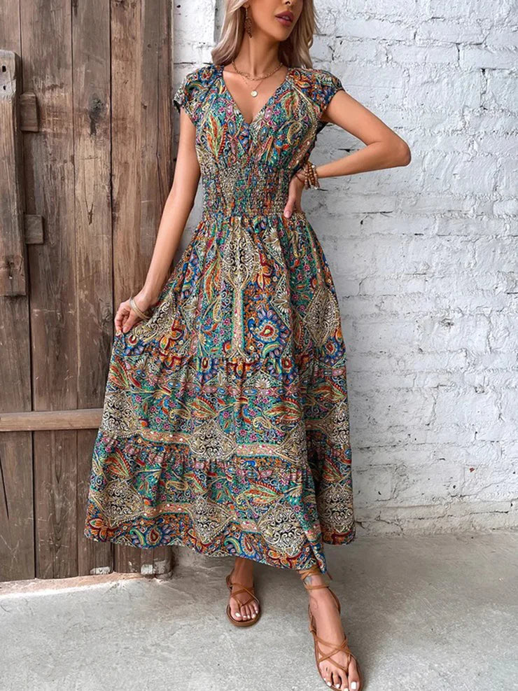 BelleRue - Robe d'été longue colorée à motif cachemire froncé à la taille