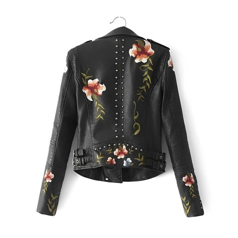 Yvonne - Veste en Cuir Embellie de Broderies Florales