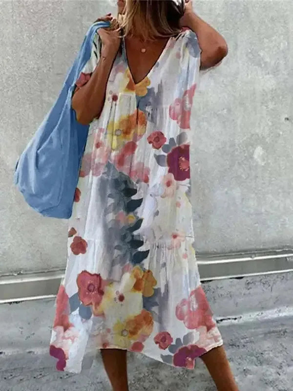 BelleRue - Robe de plage boho pour femme robe d'été à col en V et à manches courtes à imprimé floral