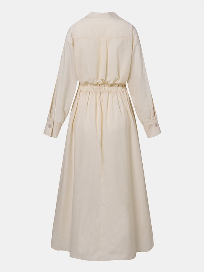 Robe Maxi Femme Poche Unie Revers Boutons Manches Longues