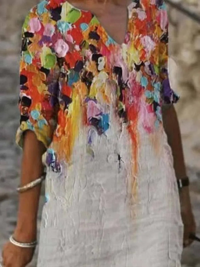 BelleRue - Robe femme en coton et lin avec encolure et imprimé peinture à l'huile