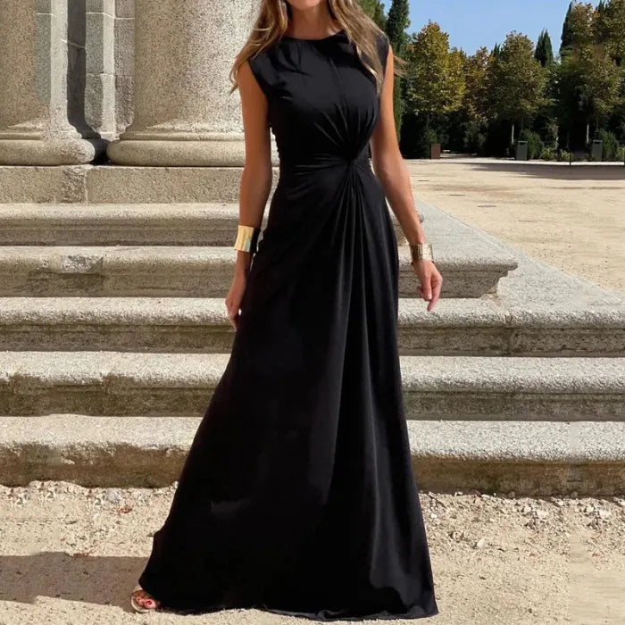 BelleRue - Robe longue élégante à manches longues avec revers et col en V de couleur unie pour les femmes