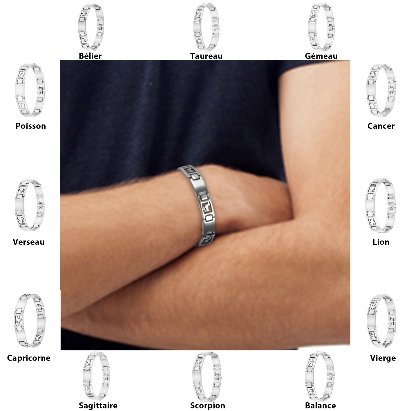 Bracelet homme Signe du Zodiaque en acier inoxydable - Livraison Offerte