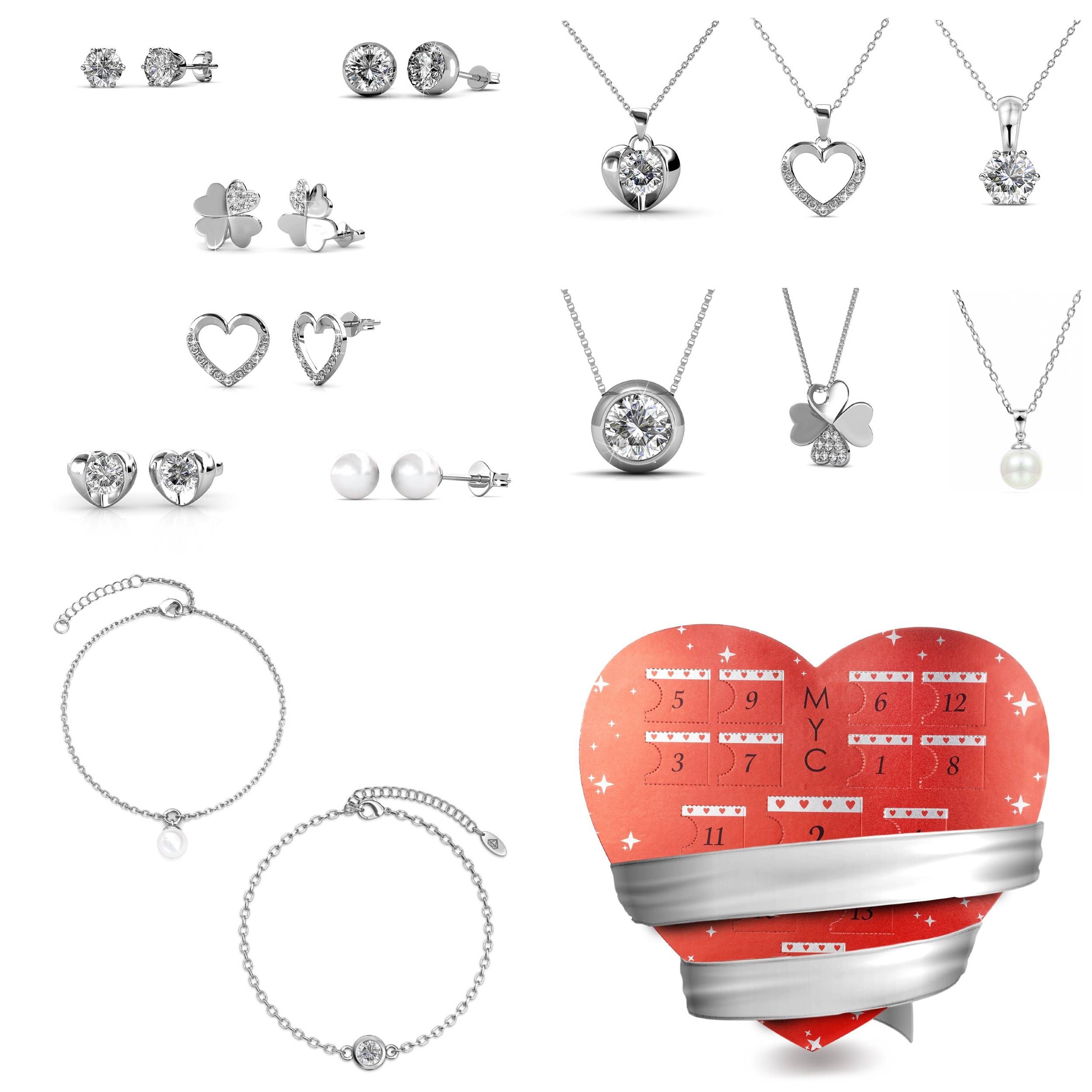 Calendrier de l'avent coffret coeur ruban 14 bijoux ornés de cristaux autrichien haute qualité - Livraison offerte