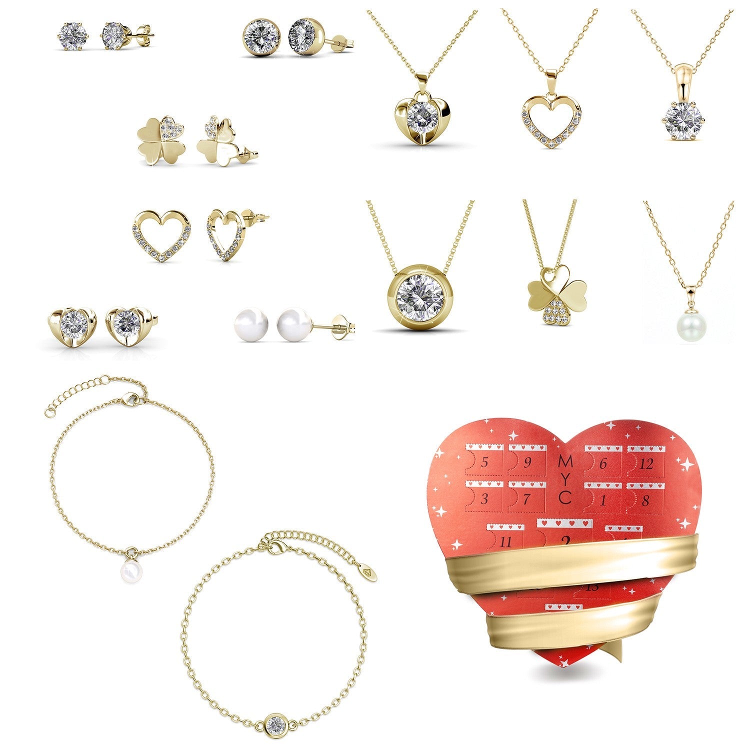 Calendrier de l'avent coffret coeur ruban 14 bijoux ornés de cristaux autrichien haute qualité - Livraison offerte