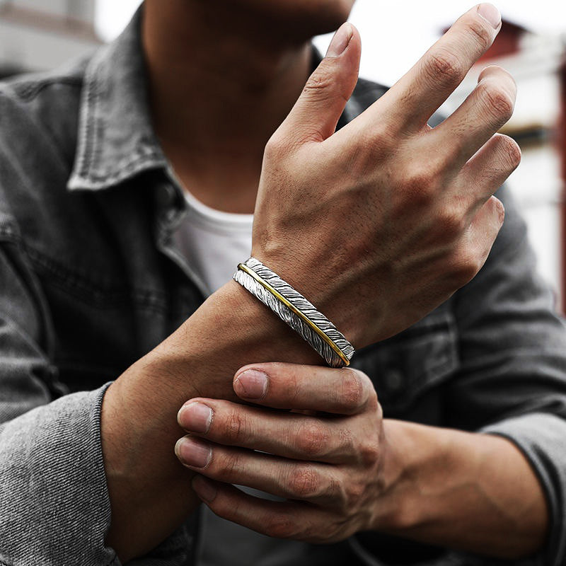 Viking | Bracelet avec Motif de Plumes en Argent et Design Unique pour Hommes