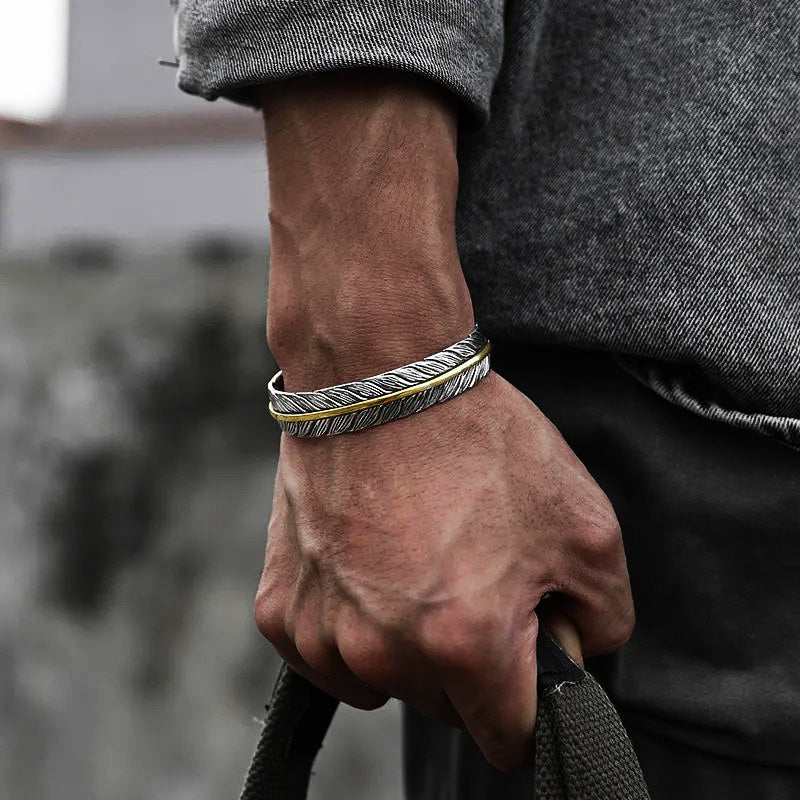 Viking | Bracelet avec Motif de Plumes en Argent et Design Unique pour Hommes