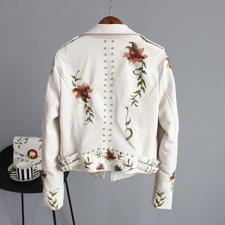 Yvonne - Veste en Cuir Embellie de Broderies Florales