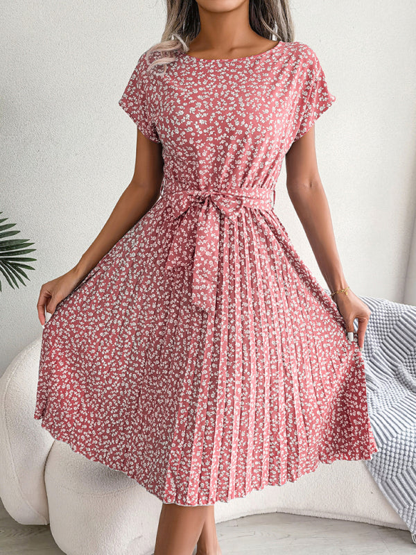 Angela - Robe Midi Trapèze à col Rond et Imprimé Floral Avec Ceinture à Nouer