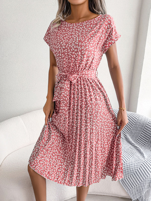 Angela - Robe Midi Trapèze à col Rond et Imprimé Floral Avec Ceinture à Nouer