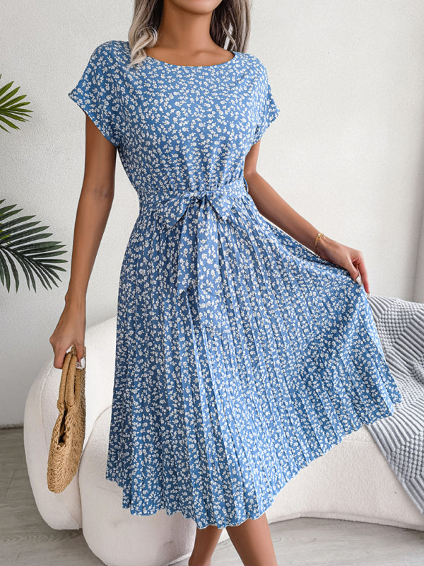 BelleRue - Robe Midi Trapèze à col Rond et Imprimé Floral Avec Ceinture à Nouer