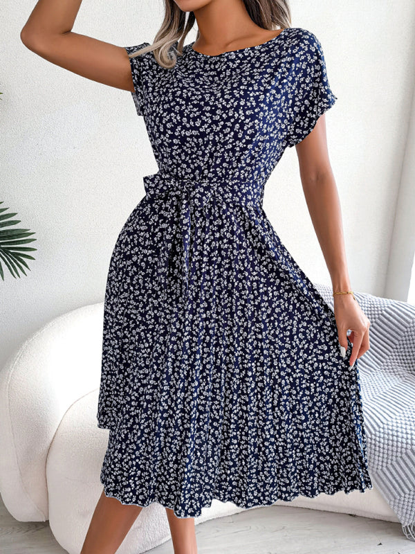 Angela - Robe Midi Trapèze à col Rond et Imprimé Floral Avec Ceinture à Nouer