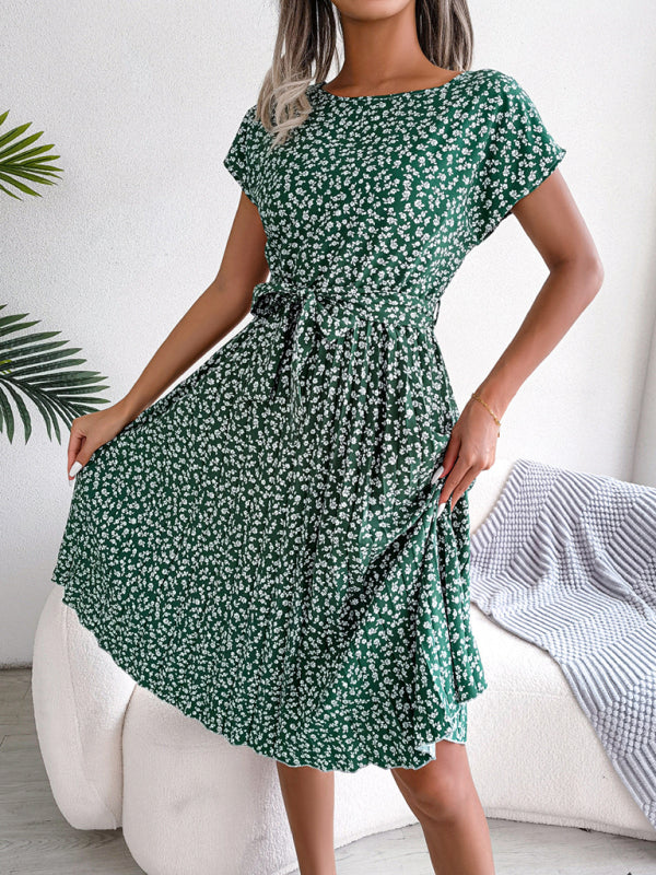 BelleRue - Robe Midi Trapèze à col Rond et Imprimé Floral Avec Ceinture à Nouer