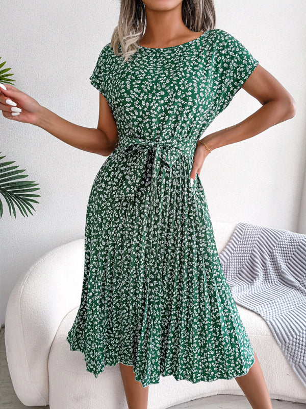 BelleRue - Robe Midi Trapèze à col Rond et Imprimé Floral Avec Ceinture à Nouer