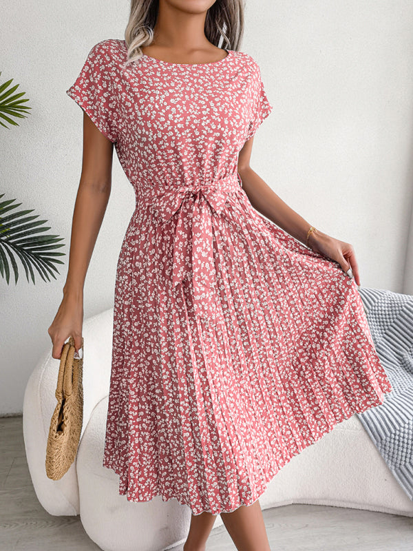 BelleRue - Robe Midi Trapèze à col Rond et Imprimé Floral Avec Ceinture à Nouer