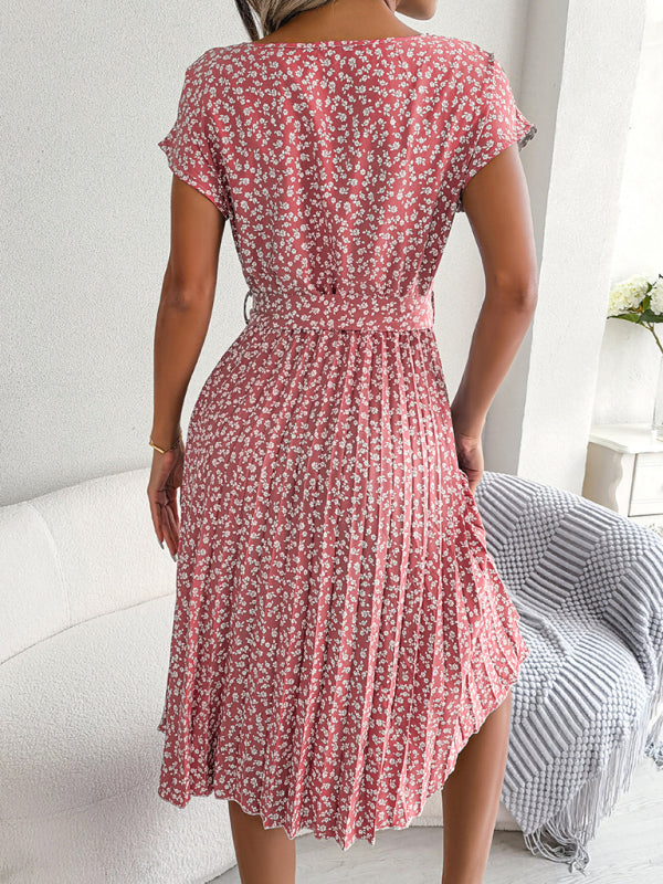 BelleRue - Robe Midi Trapèze à col Rond et Imprimé Floral Avec Ceinture à Nouer