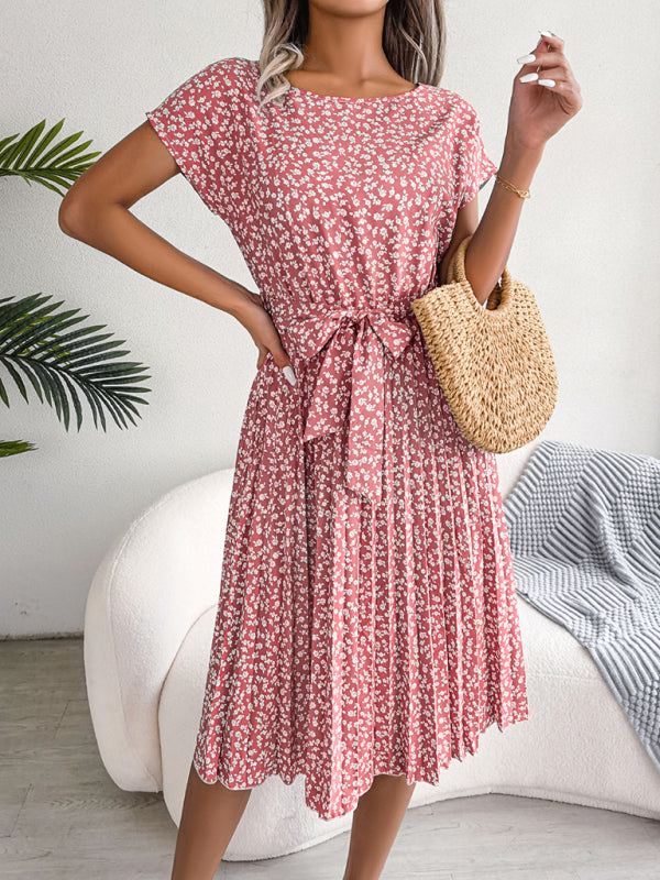 BelleRue - Robe Midi Trapèze à col Rond et Imprimé Floral Avec Ceinture à Nouer