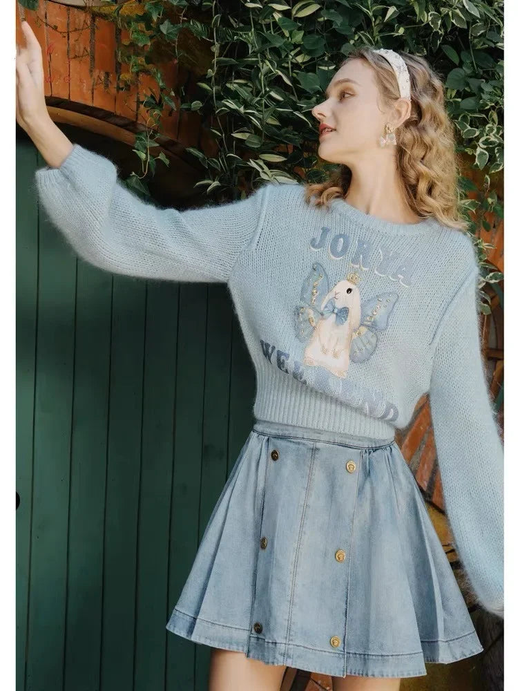 Camille - Pull Tricoté avec Broderie Lapin