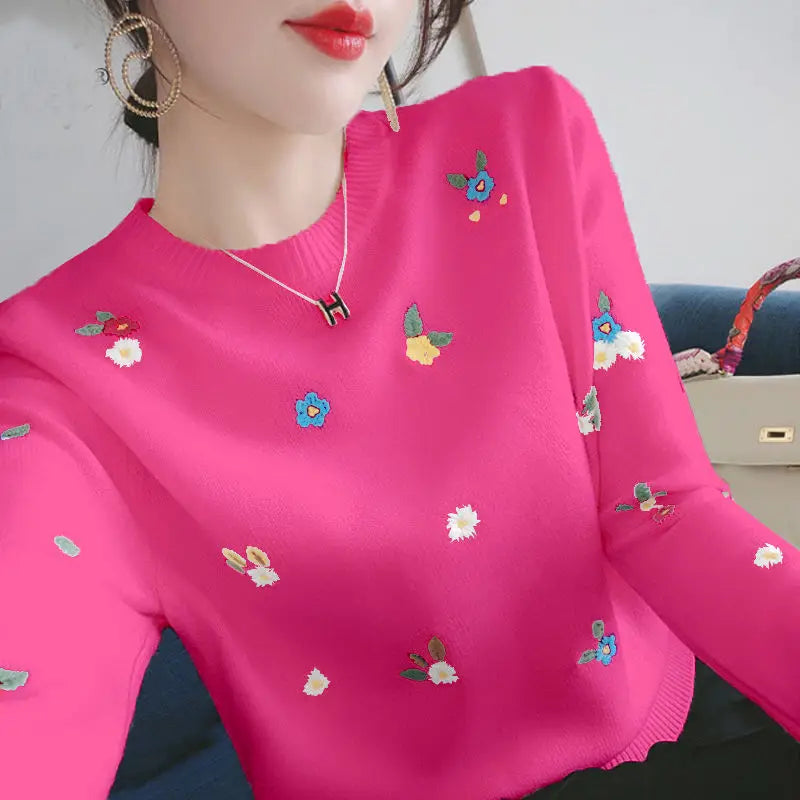 Valérie - Pull Tricoté avec Broderie Marguerites