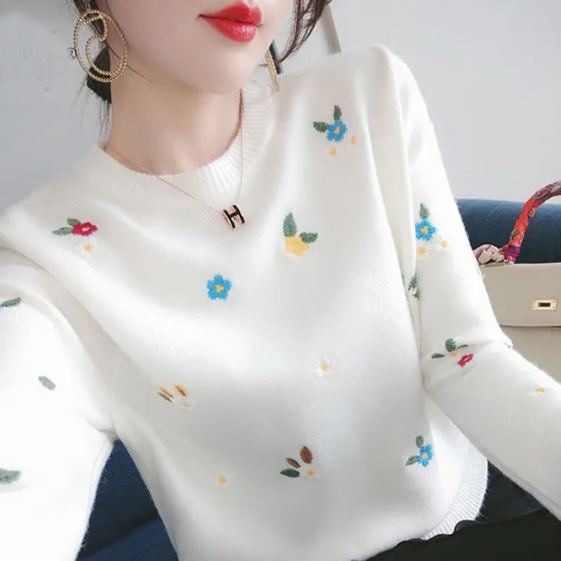 Valérie - Pull Tricoté avec Broderie Marguerites