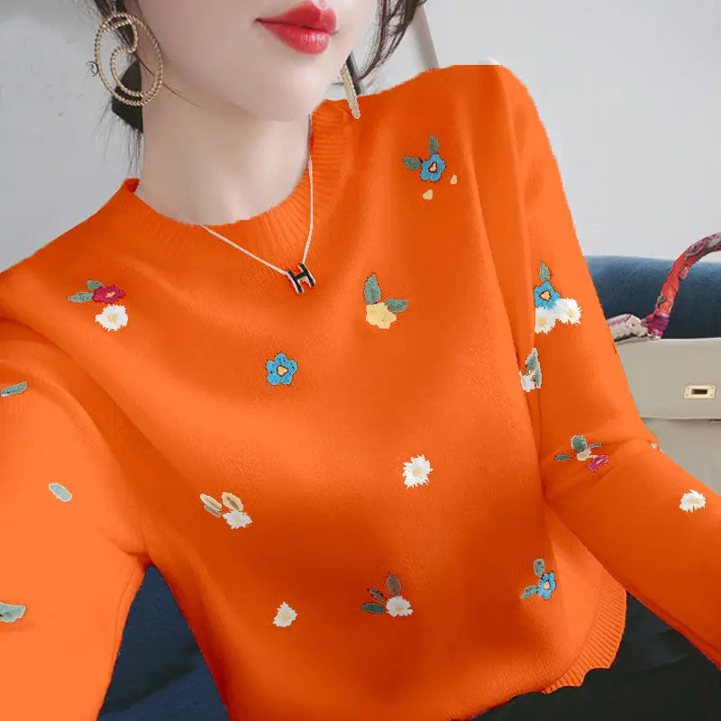 Valérie - Pull Tricoté avec Broderie Marguerites