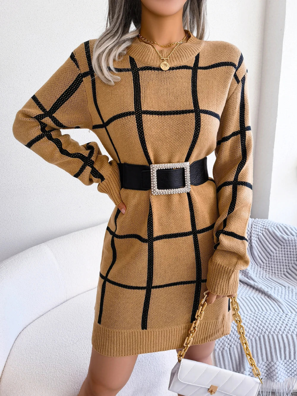 Parisa - Robe Chic À Carreaux À Manches Longues
