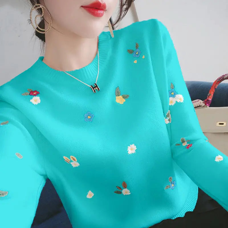 Valérie - Pull Tricoté avec Broderie Marguerites