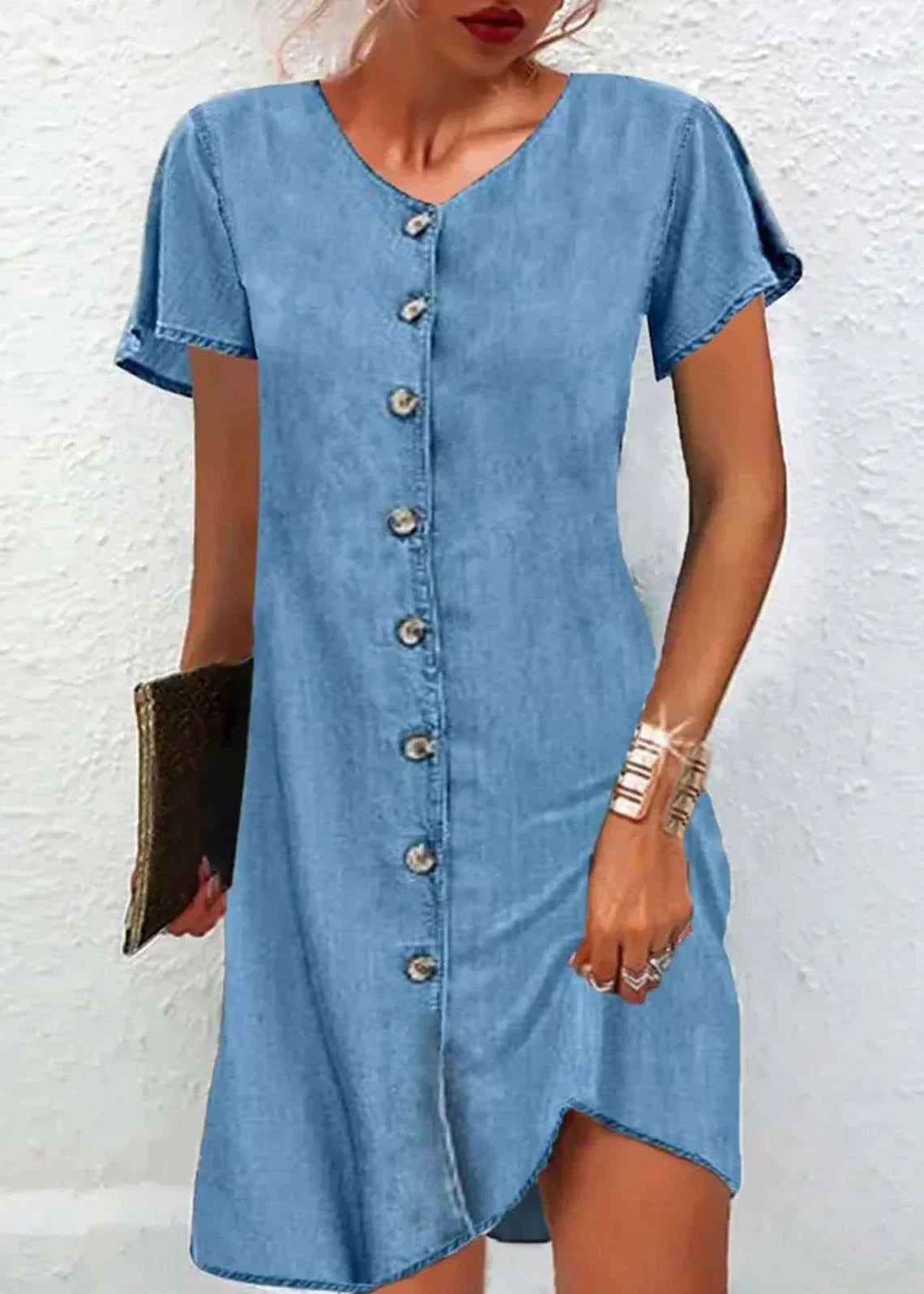 BelleRue - Robe en denim à manches courtes, col en V, boutons, patchwork, bleu simple