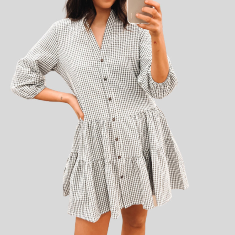 Camila - Robe stylée en coton à carreaux avec patte de boutonnage