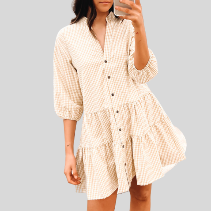 Camila - Robe stylée en coton à carreaux avec patte de boutonnage