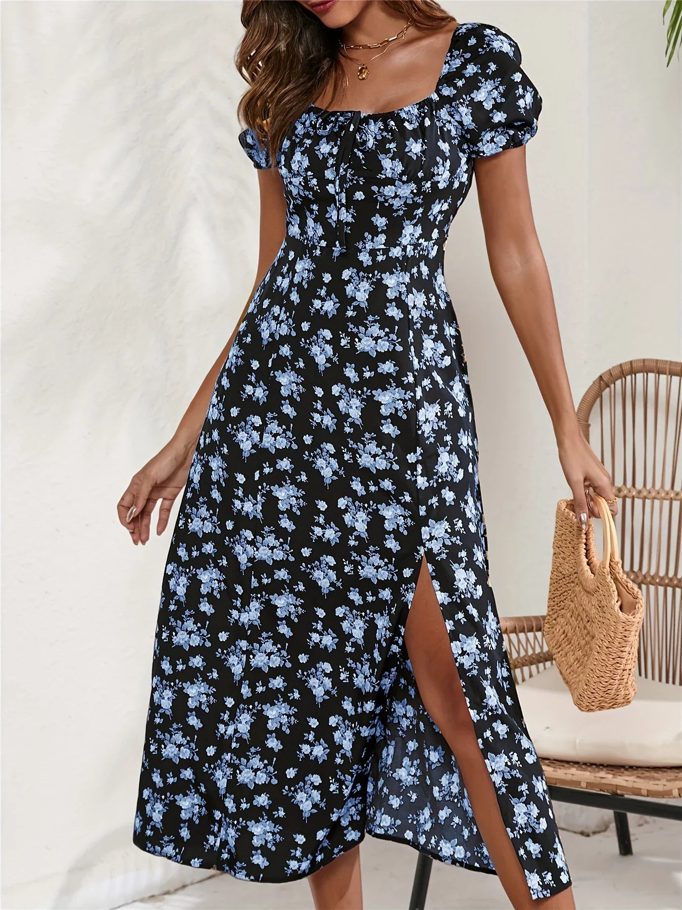 Robe à manches courtes fendue sur le côté à imprimé floral pour le printemps et l'été, vêtements pour femmes