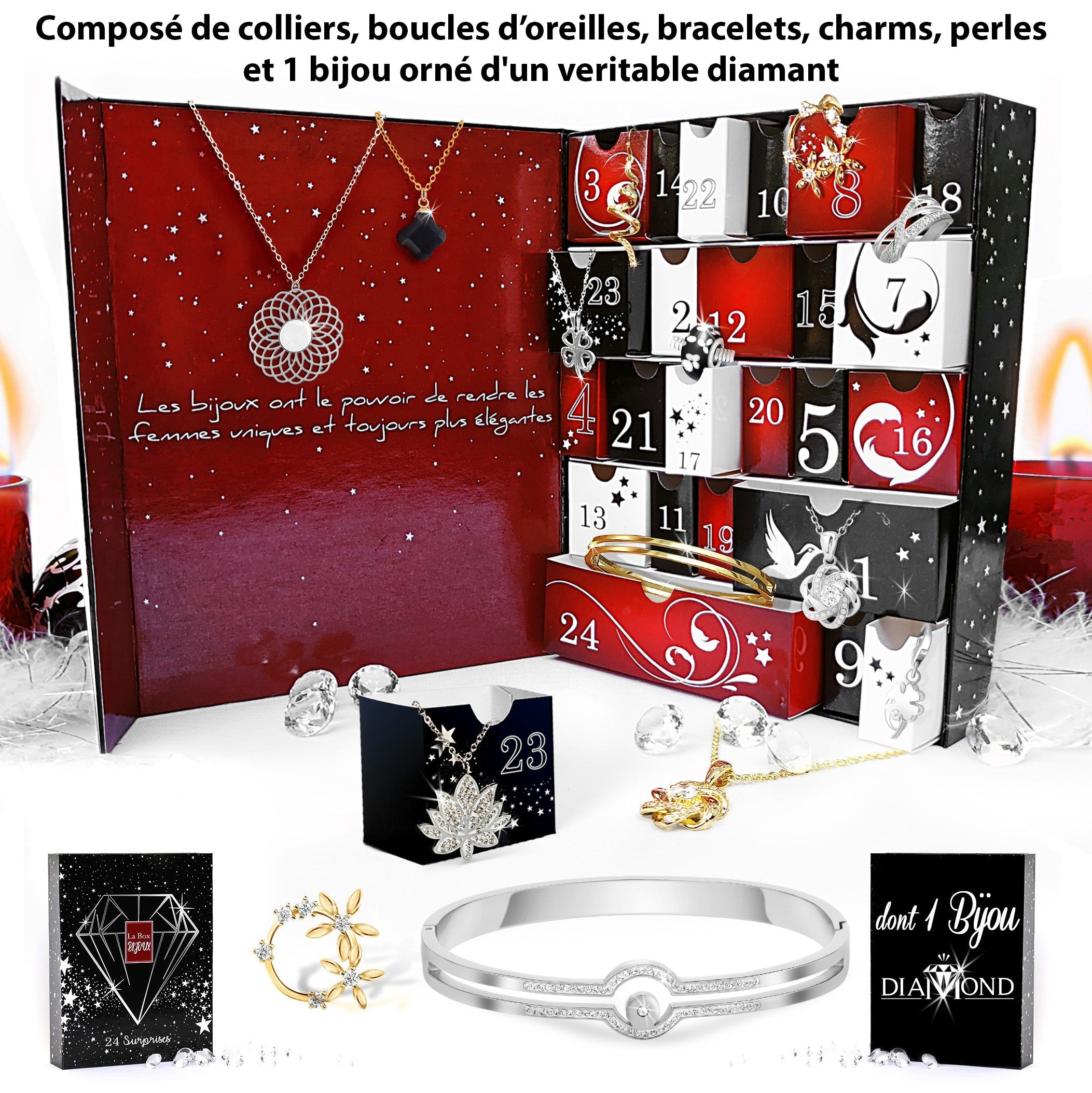 Calendrier de l'avent grand format 23 bijoux en Laiton et Acier inoxydable + 1 bijou orné d'un veritable diamant- Livraison Offerte