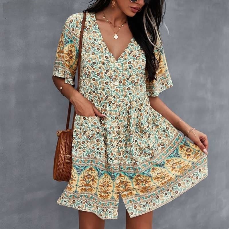 Belle - Robe bohème stylée en coton avec boutons