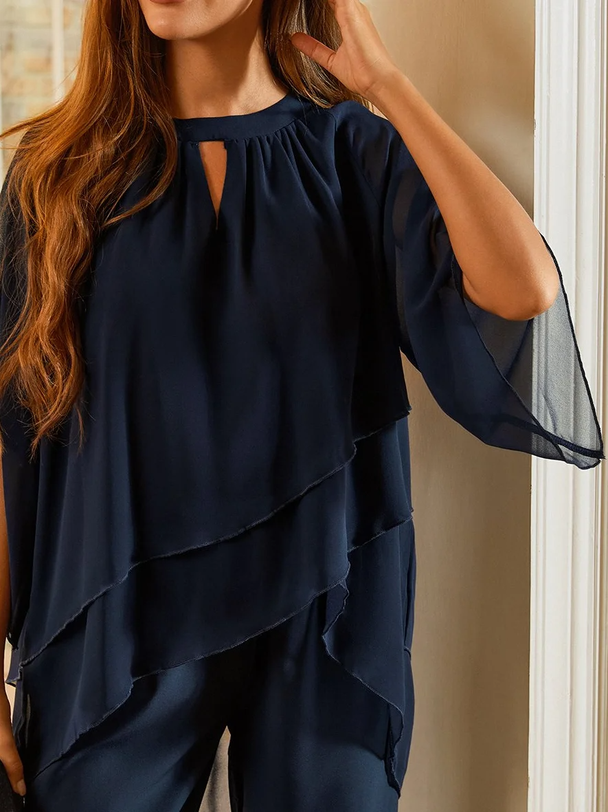 Hailie - Ensemble deux pièces urbain ample à encolure ronde élégante en chiffon uni