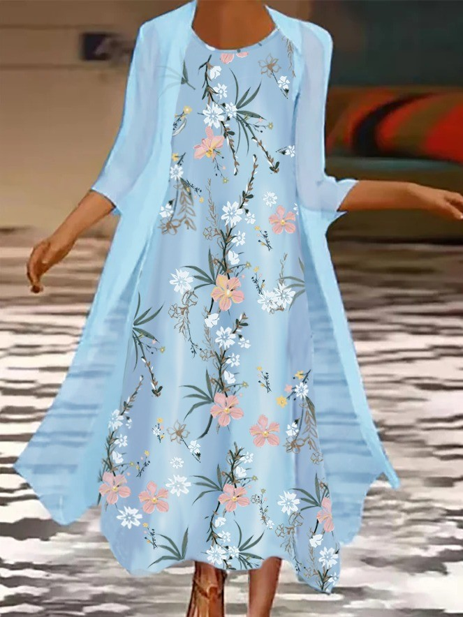 BelleRue - Robe longue décontractée deux pièces à encolure ronde et imprimé floral en bleu ciel