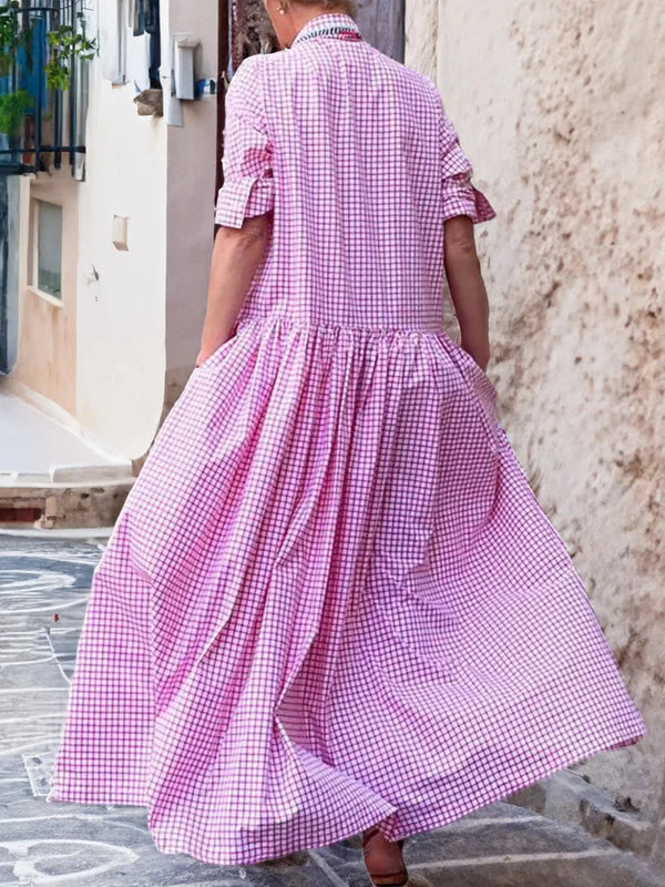 Maria - Robe décontractée à manches longues en coton, lin et tissu à carreaux