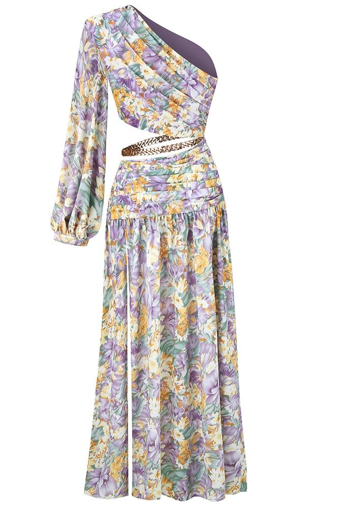 Soleil | Robe Maxi Asymétrique avec Imprimé Floral et Découpes Élégantes pour Femmes