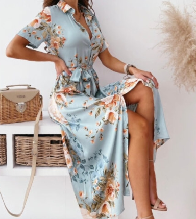 BelleRue - Robe midi bleue à manches courtes et col en V